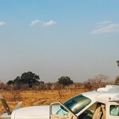 Light aircraft parked on a dry savannah landscape under clear skies.